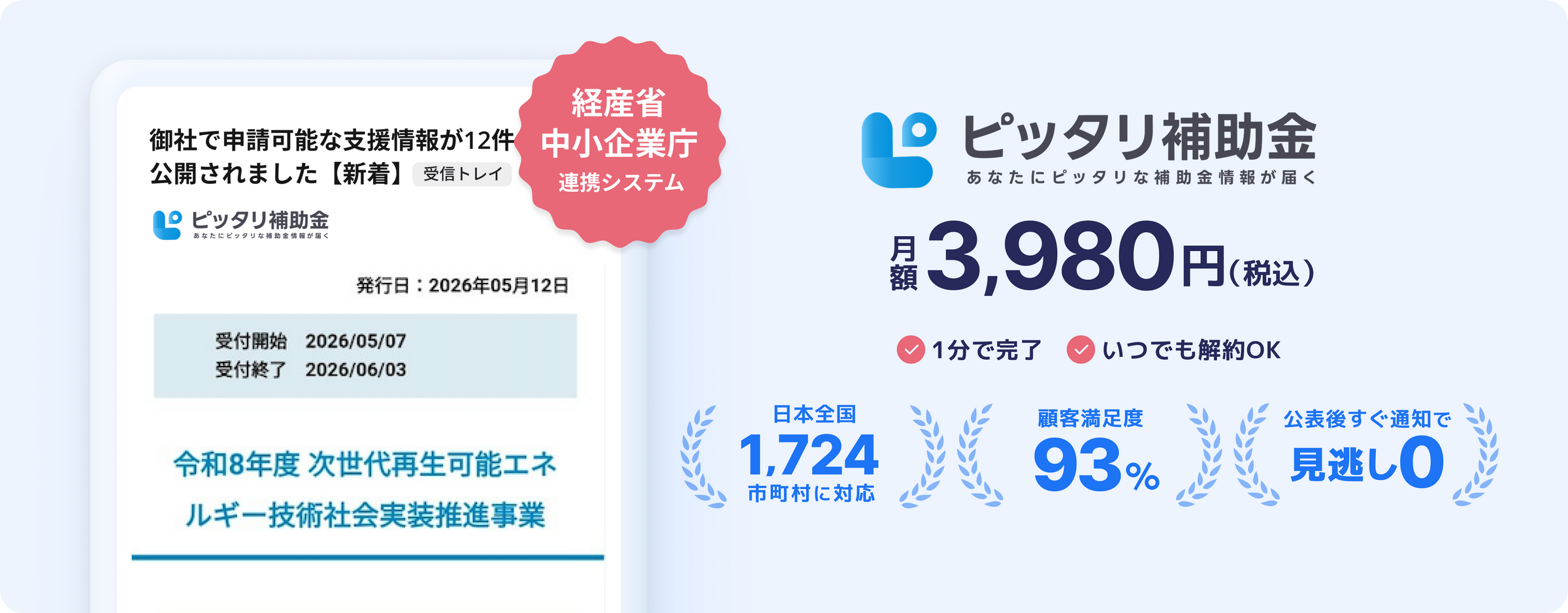 ピッタリ補助金 月額3,980円